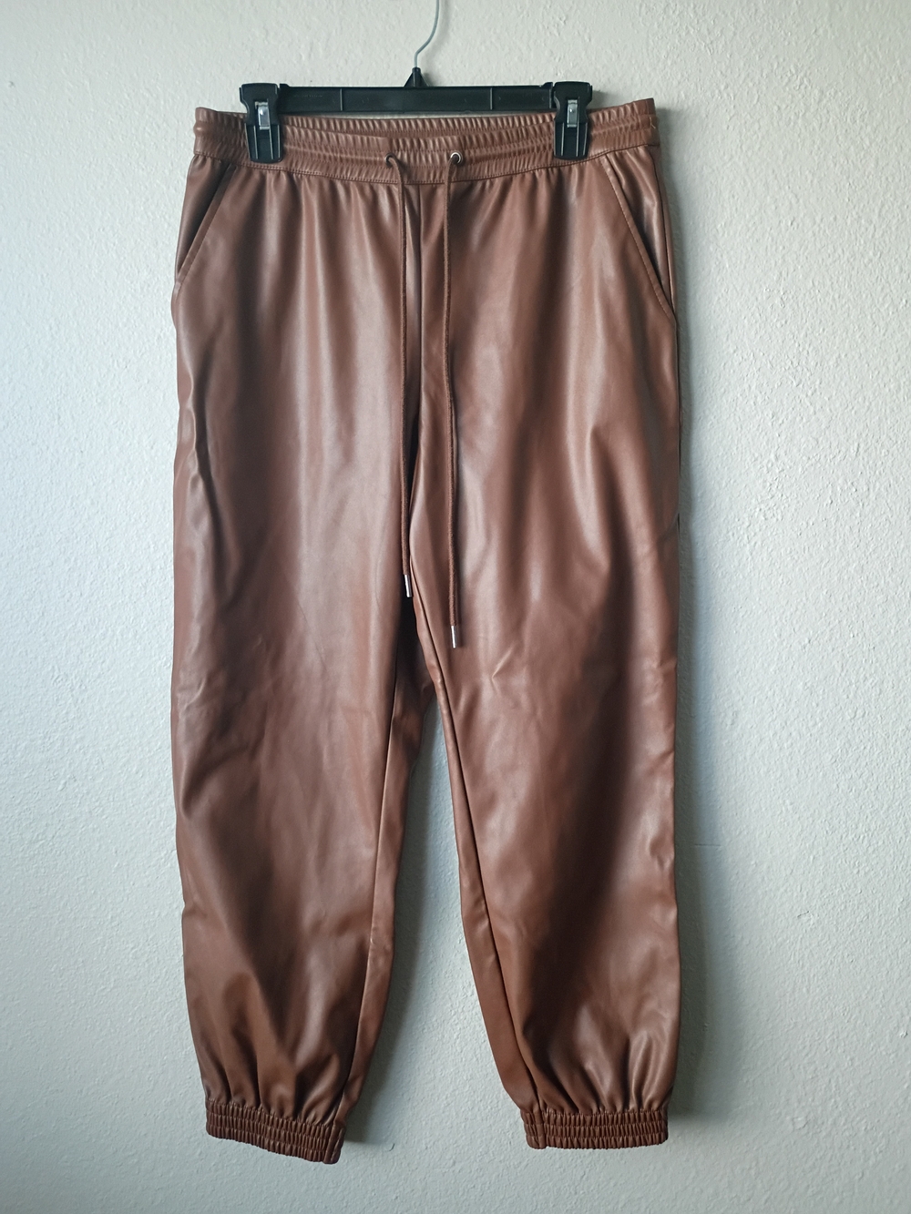 a new day Women's Brown Faux Leather Jogger Pants with Drawstring Size Medium